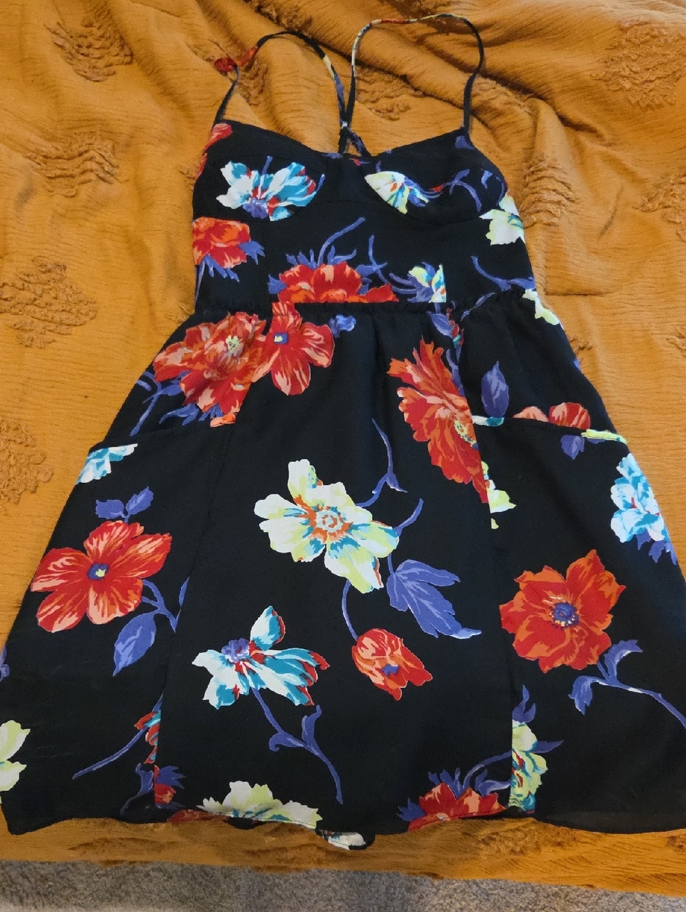 American Eagle Outfitters Black Floral-Trim Spaghetti Strap Dress